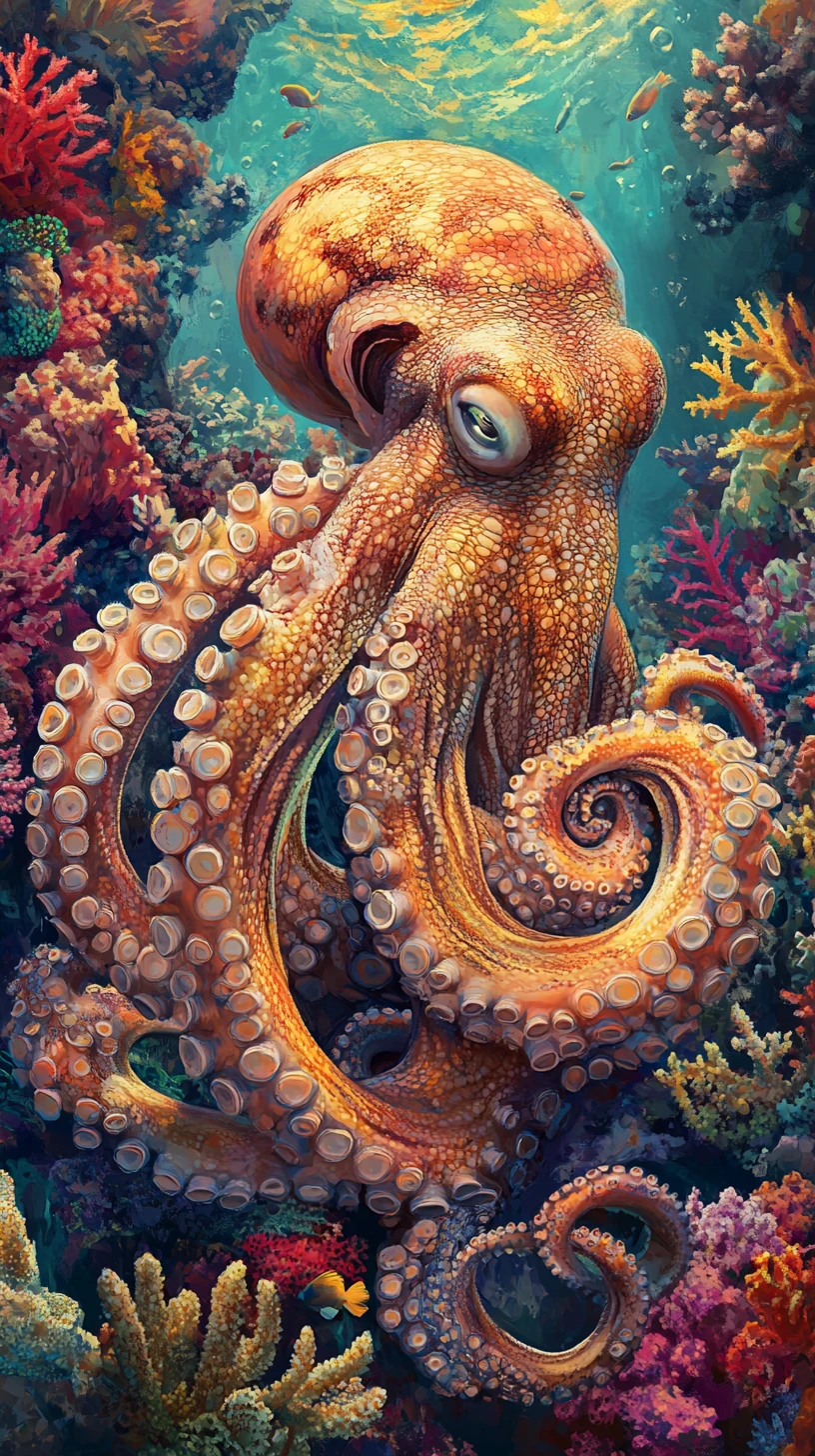 Oktopus ruht im sonnendurchfluteten Korallenriff in goldener Abendtiefe
