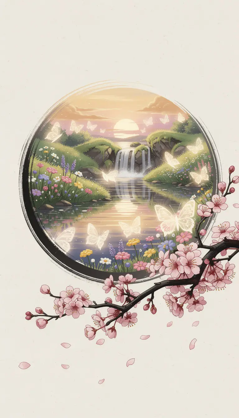Fantasy landscape in circular ink brush zen illustration