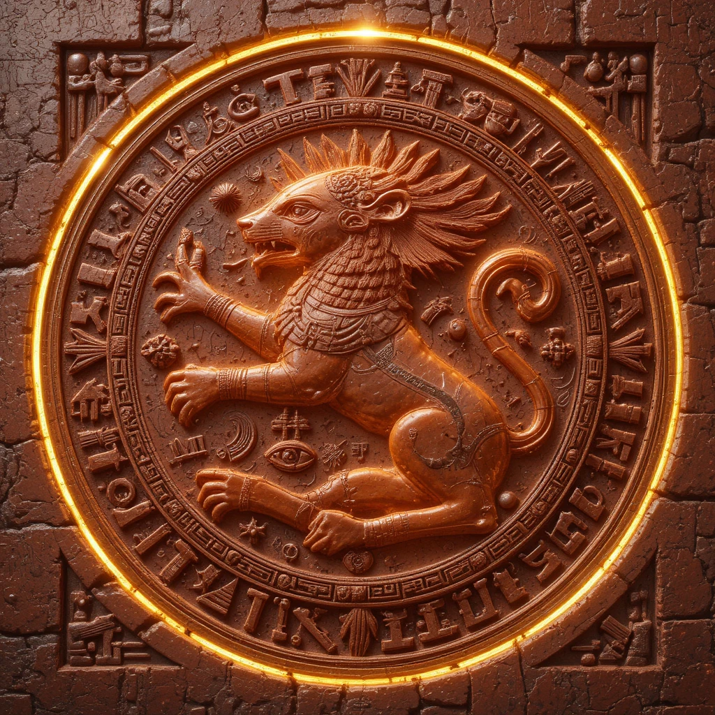 Red Leo zodiac carving with golden glowing Egyptian details