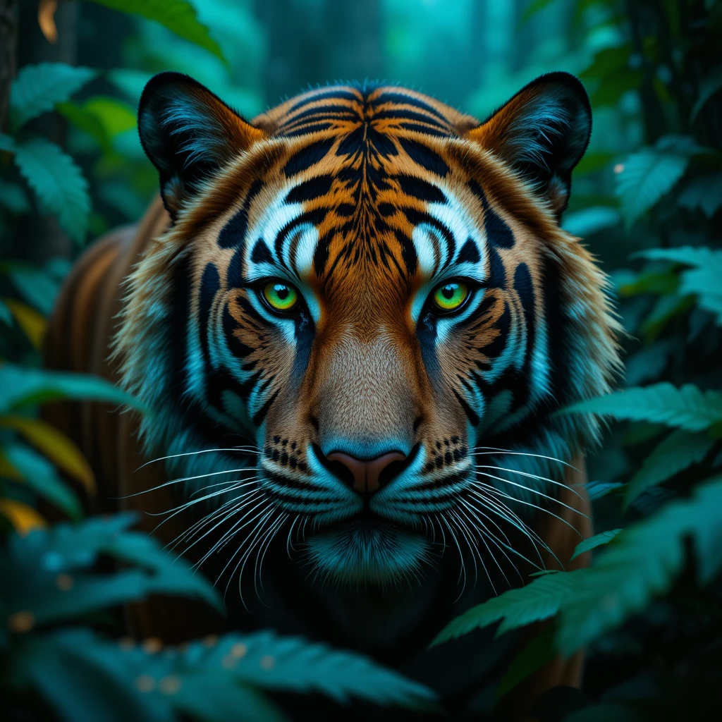Bengal tiger close up portrait in lush tropical jungle