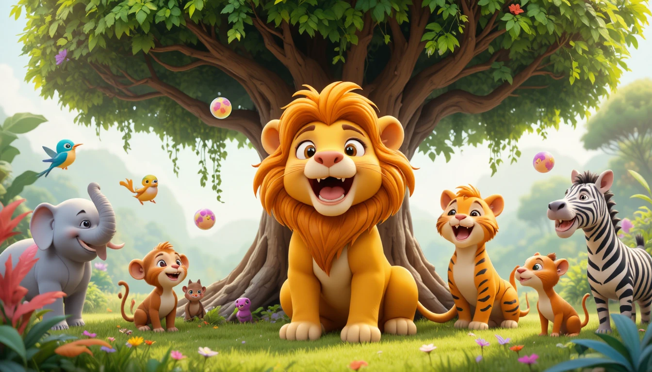 Cute cartoon lion yawning under a bright jungle tree