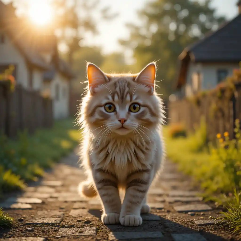 Fluffy cat walking along a village path at golden hour