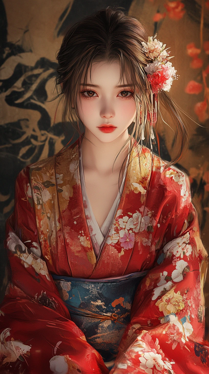 Japanese girl in floral kimono sitting in seiza pose