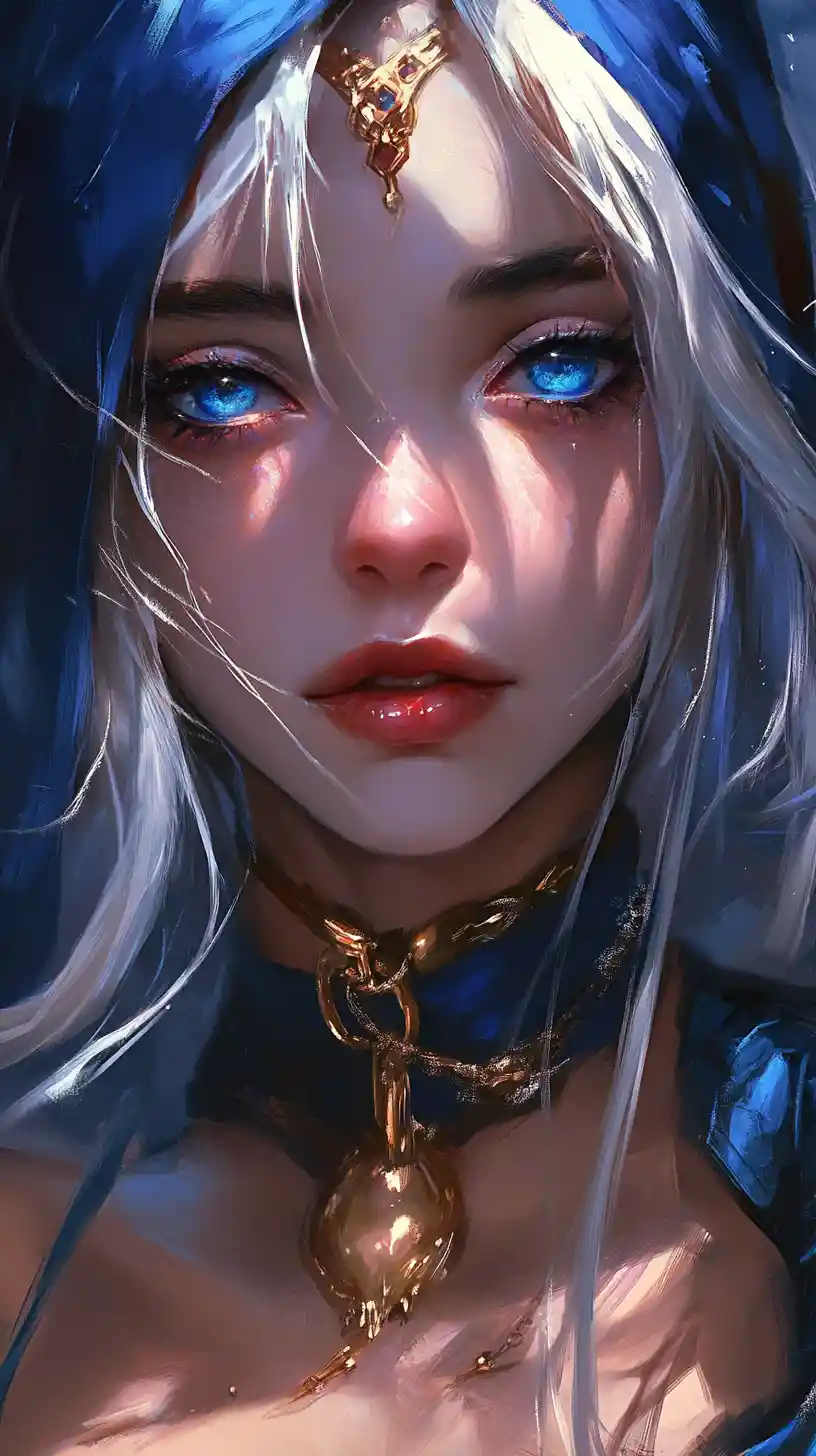 Scarred fantasy warrior woman with tattoos in blue armor