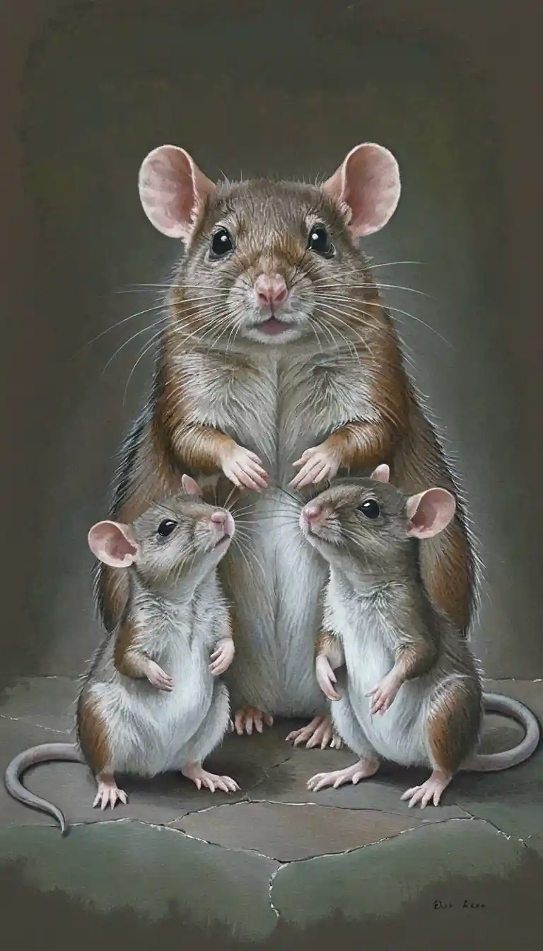 Tierno retrato de familia de ratas en suave estilo naturalista
