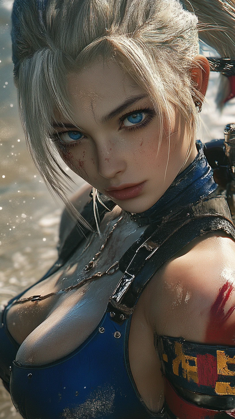 Anime warrior girl with tattoos in dynamic battle pose
