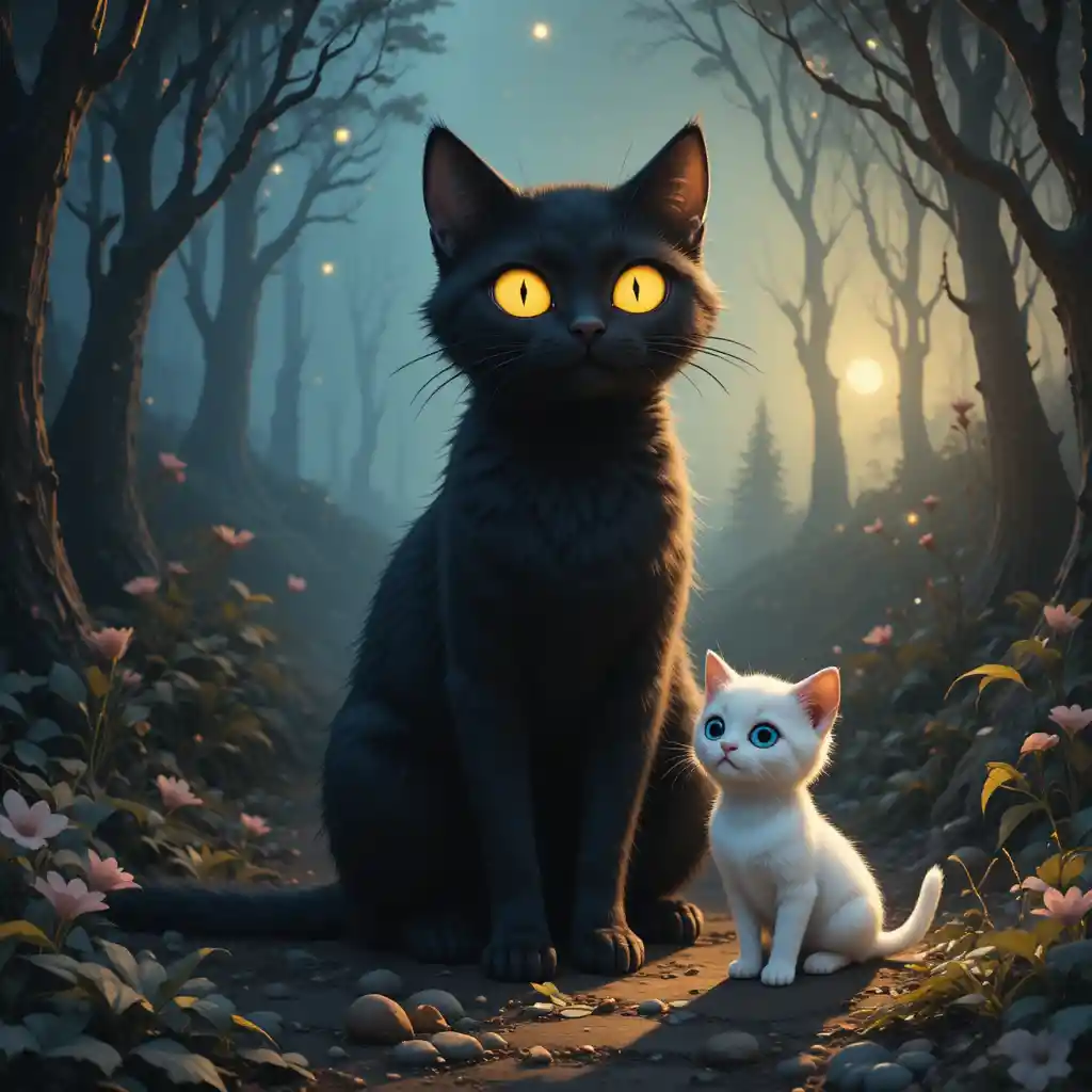 Pequeño gatito blanco caminando hacia un bosque mágico resplandeciente