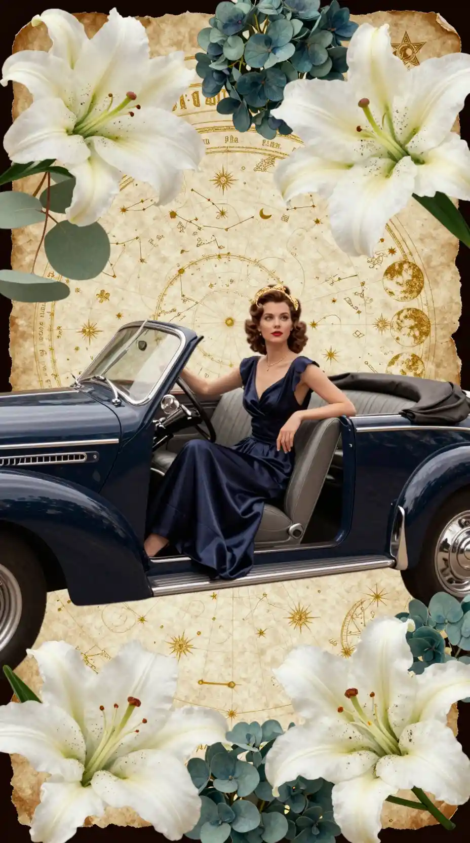 Femme élégante dans un cabriolet vintage avec des fleurs célestes