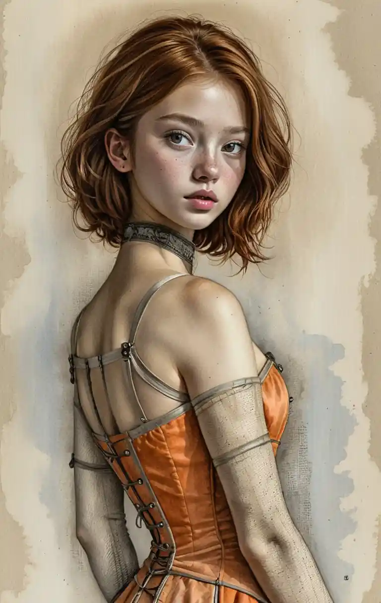 Sepia portrait of young East Asian woman in Victorian corset