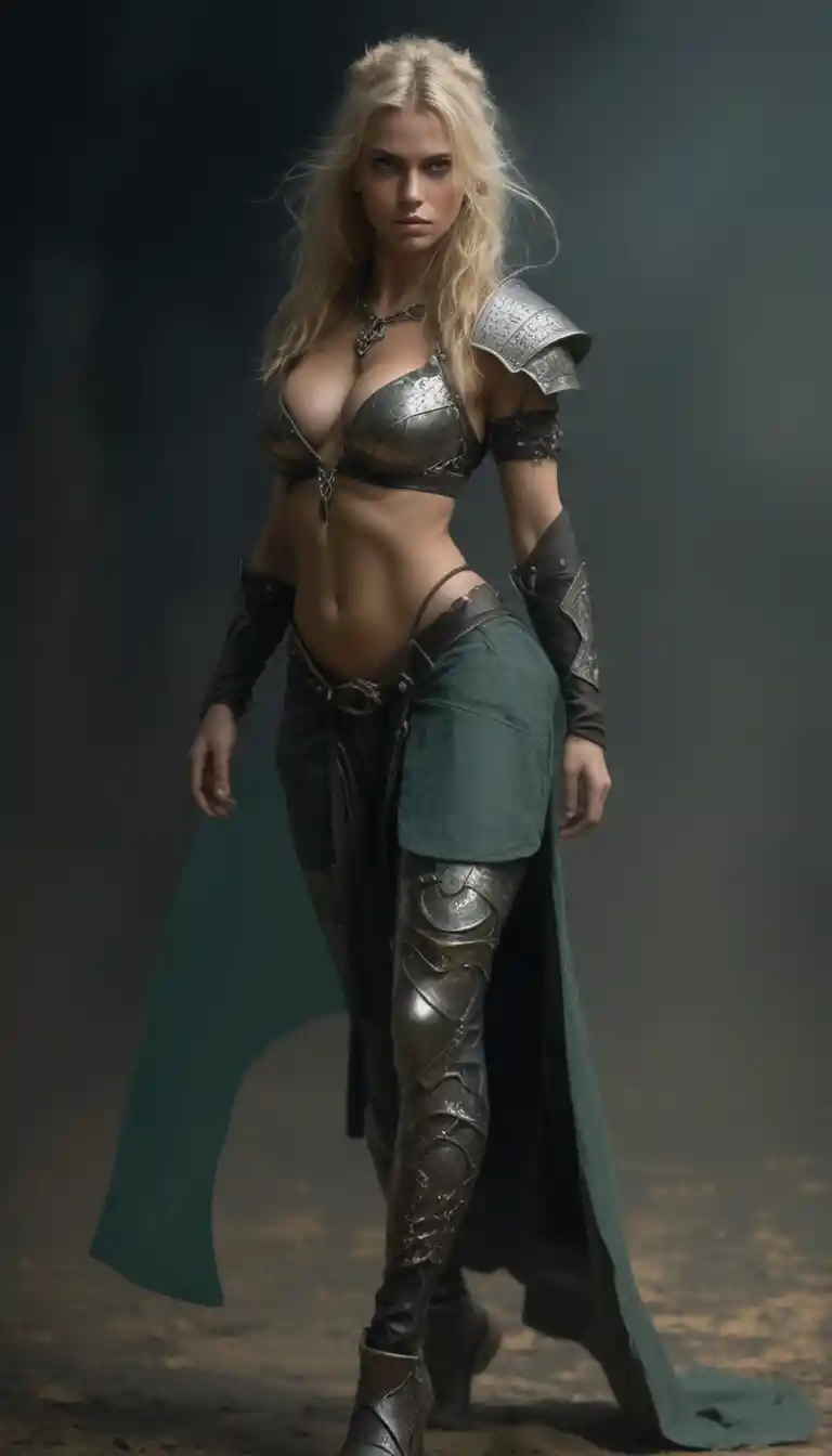 Fierce nordic warrior woman with shield and axe ready