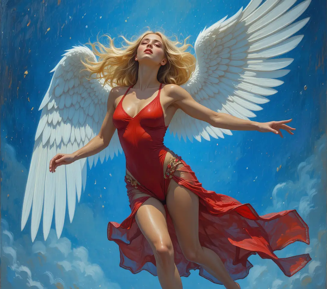 Angelic muscular woman levitating in a deep blue sky