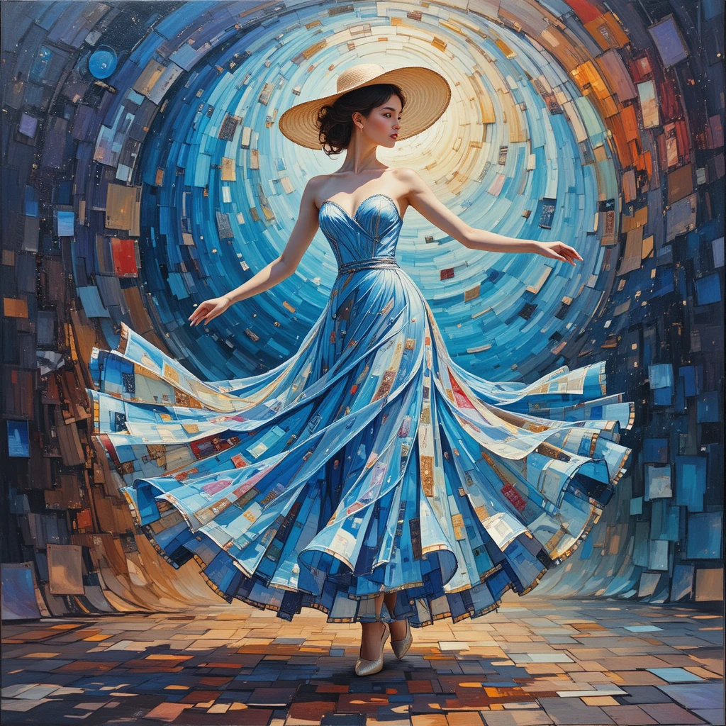 Impressionist woman dancing in blue on film strip canvas