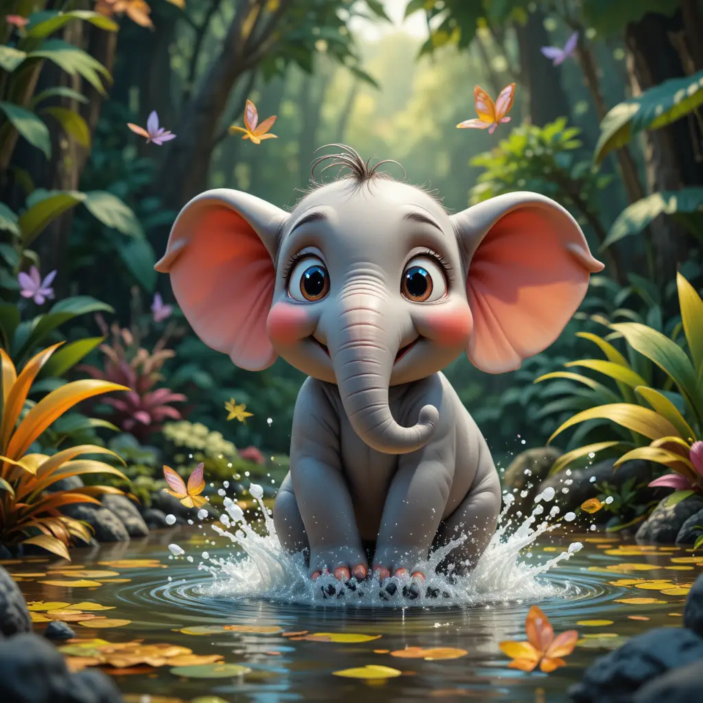 Cute cartoon elephant playing in a colorful jungle pond