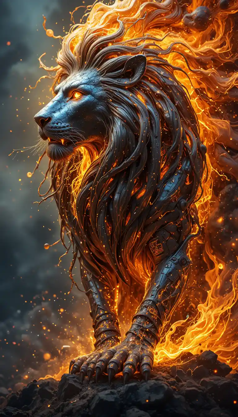 Majestic steel lion with scientific mane and glowing eyes