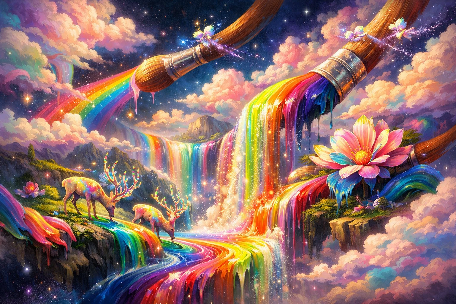 Surreal floating valley with rainbow rivers and deer