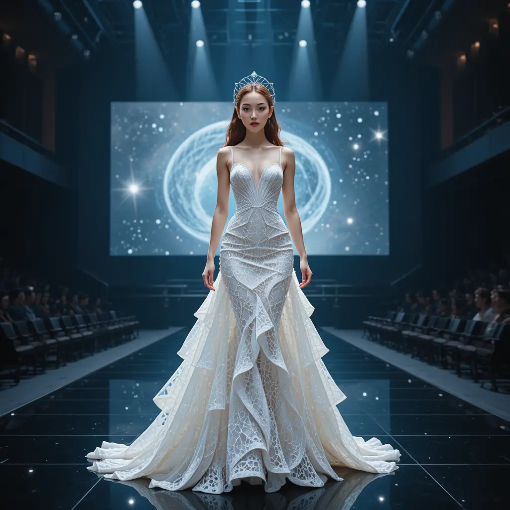 Reina de belleza coreana con un vestido de proporción áurea matemática