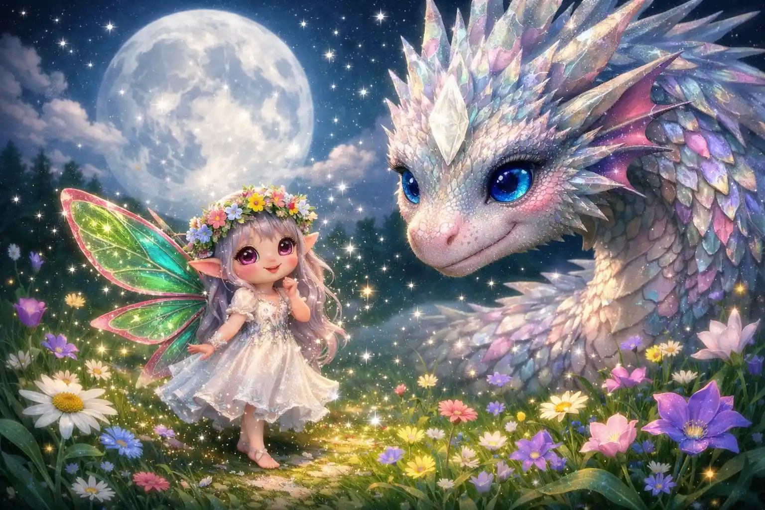 Pastel fairy dancing in a moonlit wildflower meadow