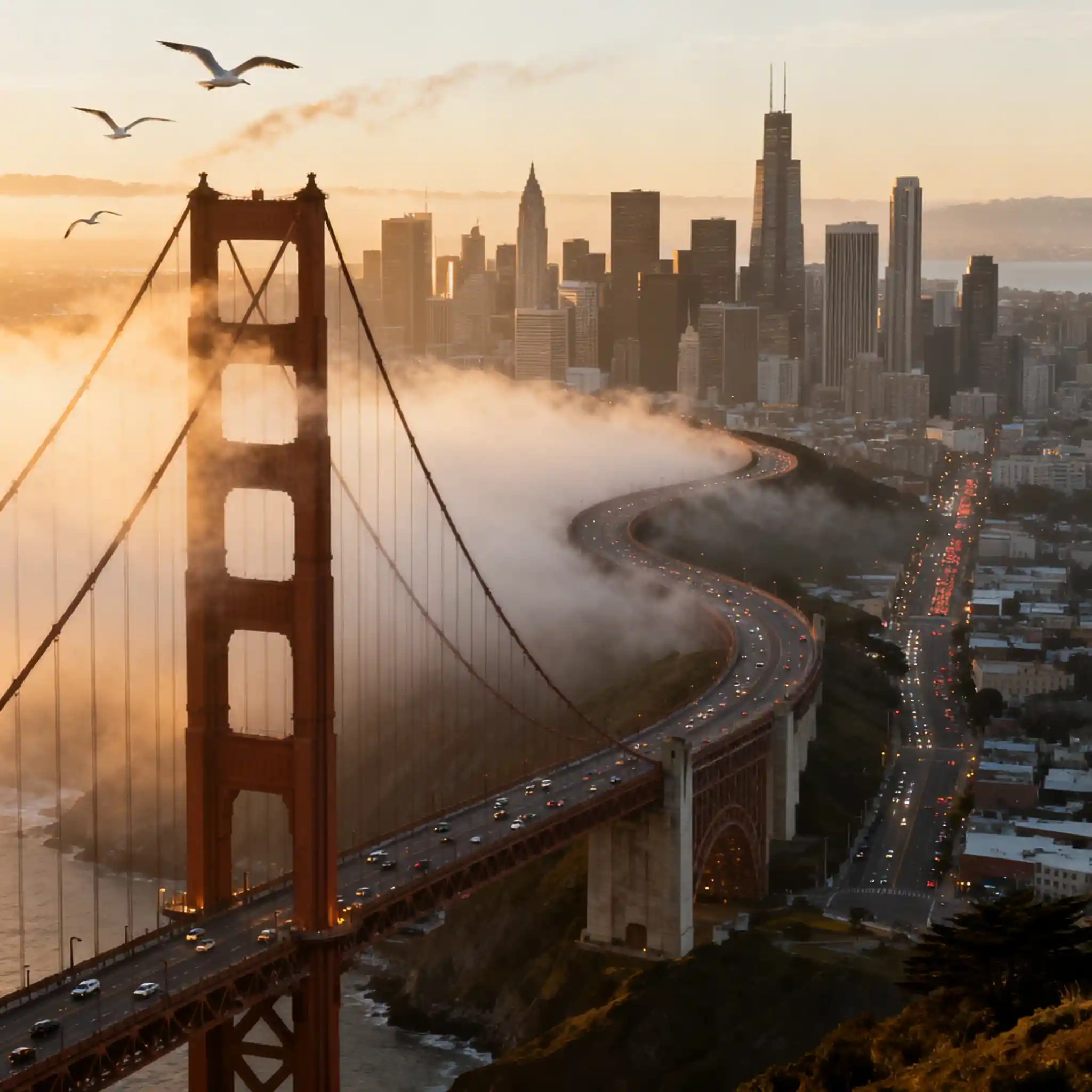 Amanecer brumoso sobre el Puente Golden Gate y la ciudad que despierta