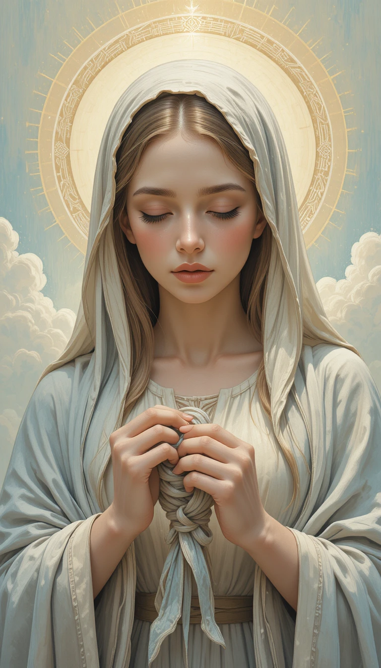 Virgin Mary gently unties knots in glowing sacred light
