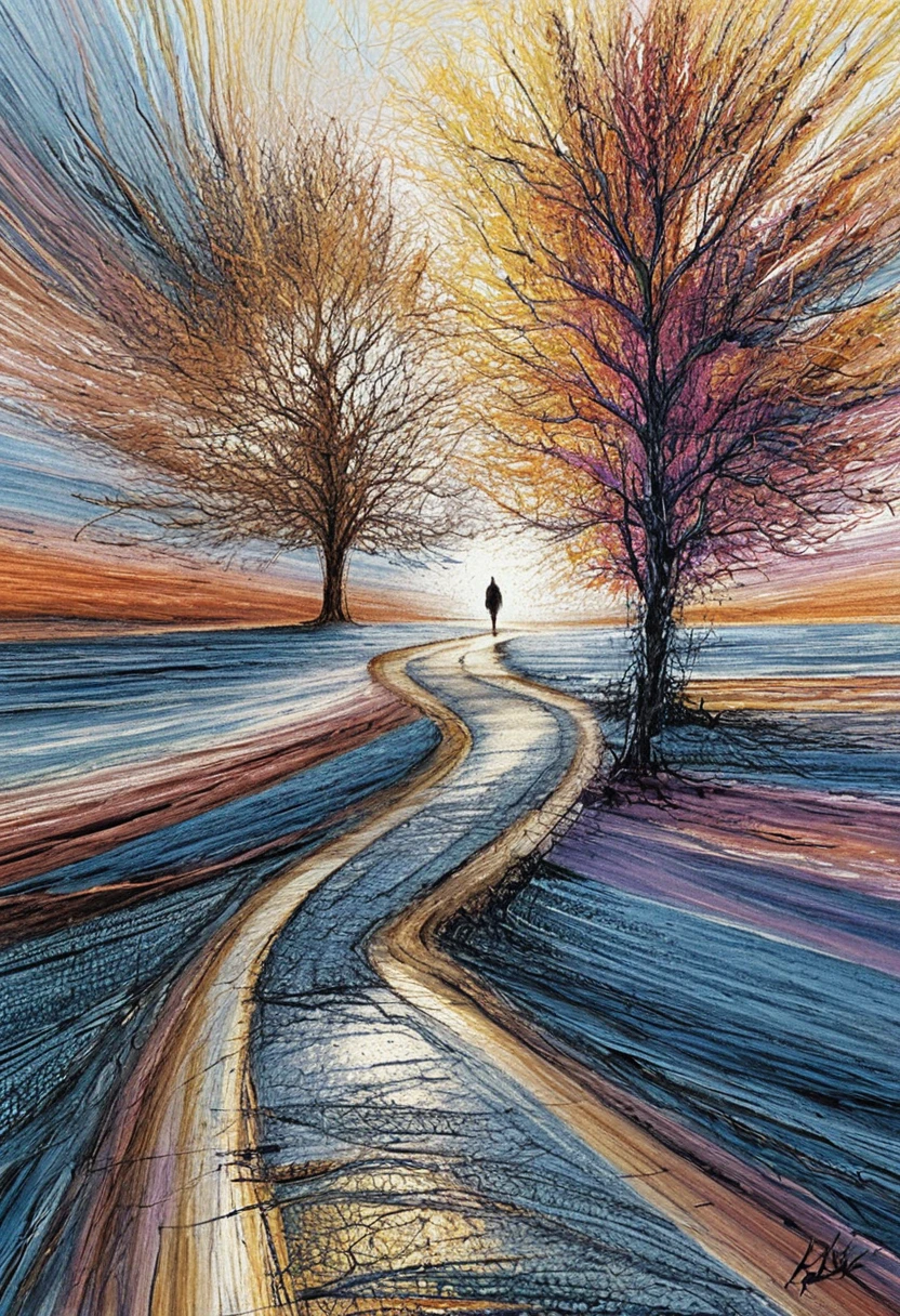 Solitary figure walking toward radiant light between two trees