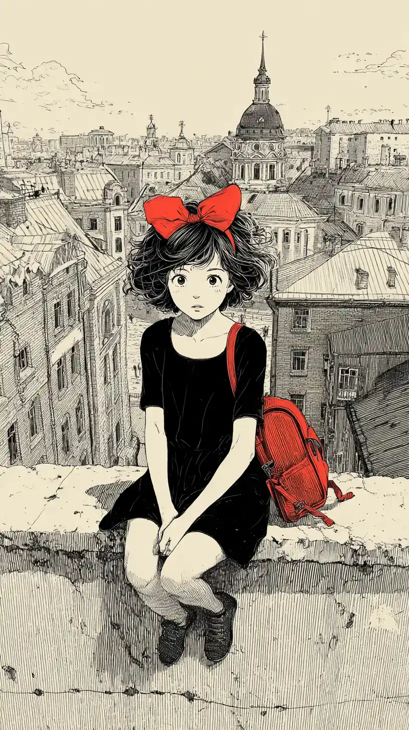 Anime-Mädchen mit rotem Rucksack auf einer Stadtdachterrasse