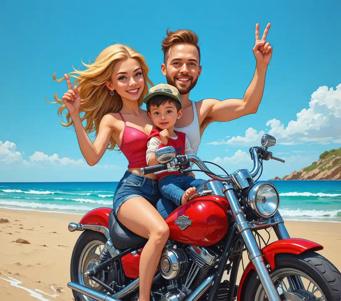 Family on red motorcycle parked on sunny beach
