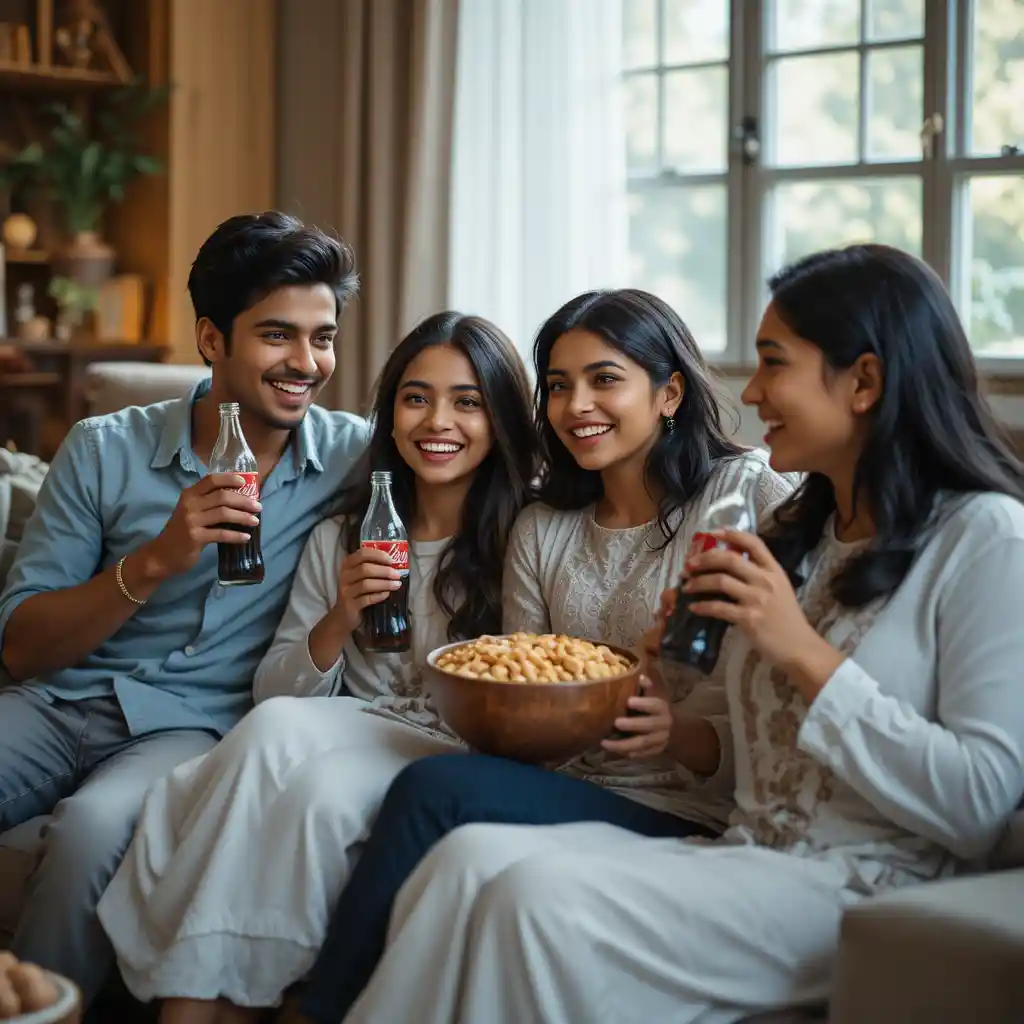 Happy Indian family relaxing together on living room sofa