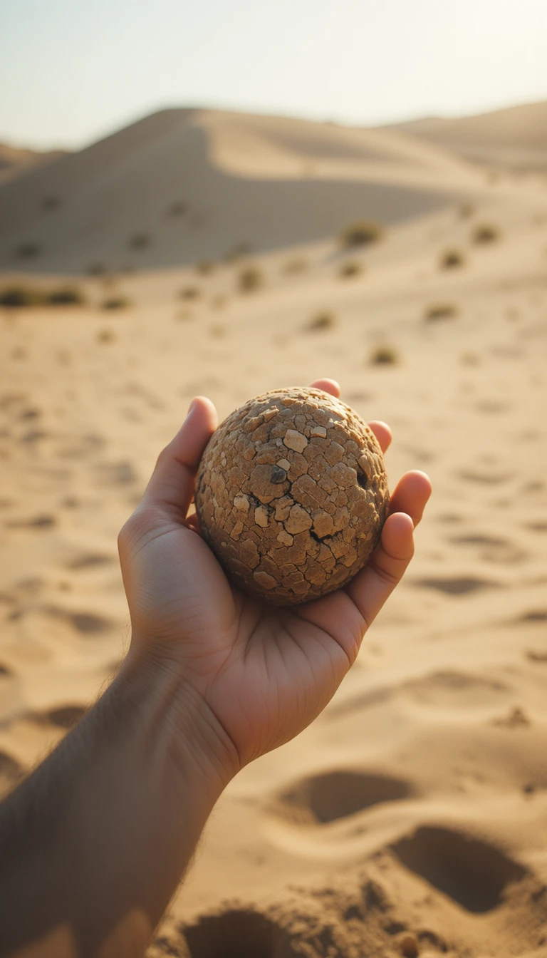 Primer plano de una mano sosteniendo una piedra áspera del desierto a la luz del sol