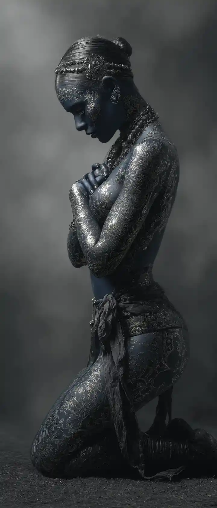 Blue skinned woman kneeling with ornate celtic body art