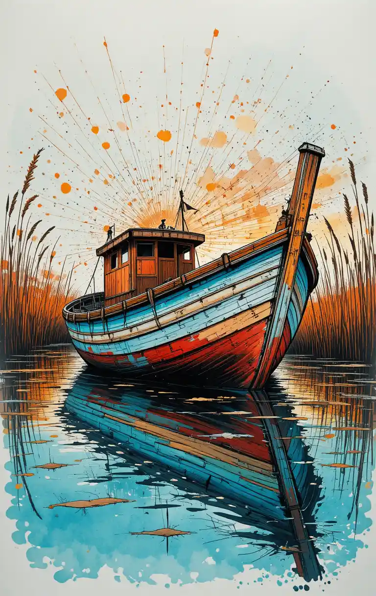 Expressive line art of an old fishing boat on water