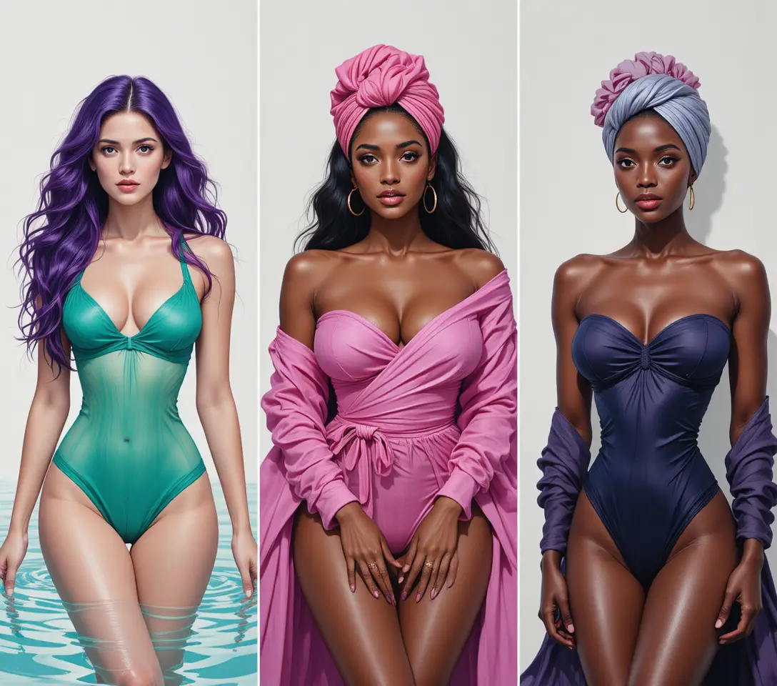 Donna giocosa con capelli viola che si rilassa in acqua cristallina