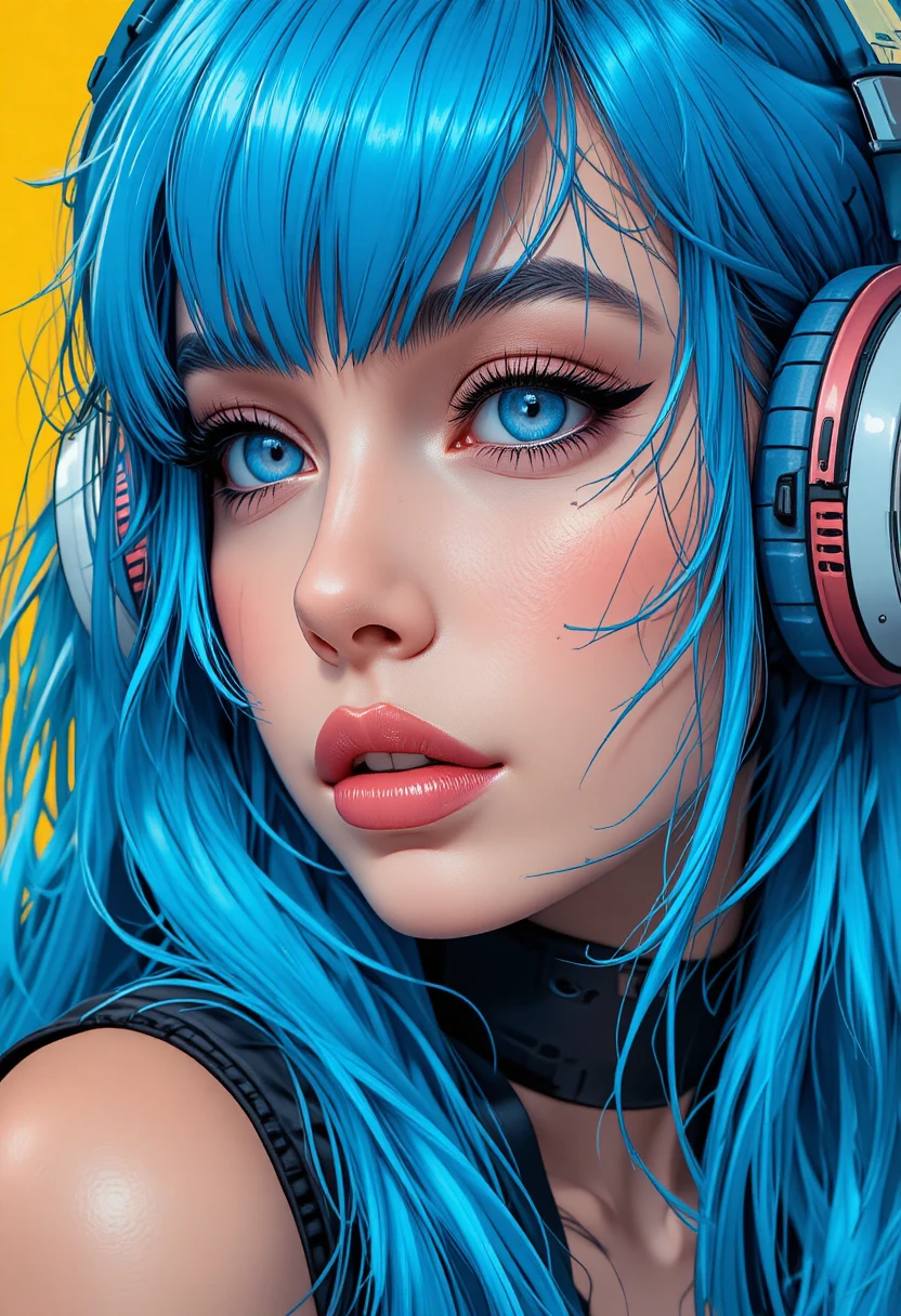 Blauhaariges Mädchen mit Retro-Kopfhörern im Cel-Shading-Stil