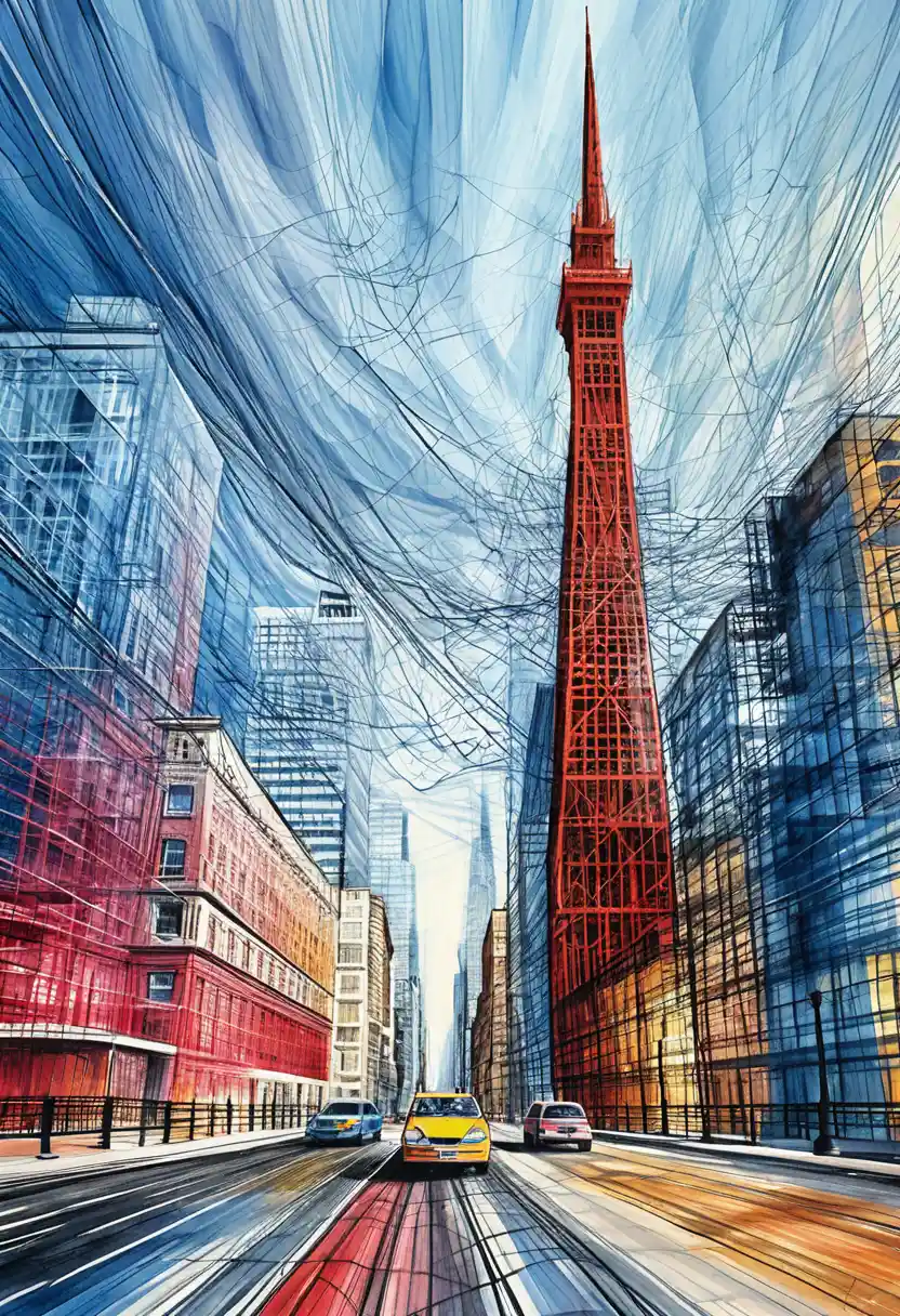 Explosive line art city street with red central skyscraper