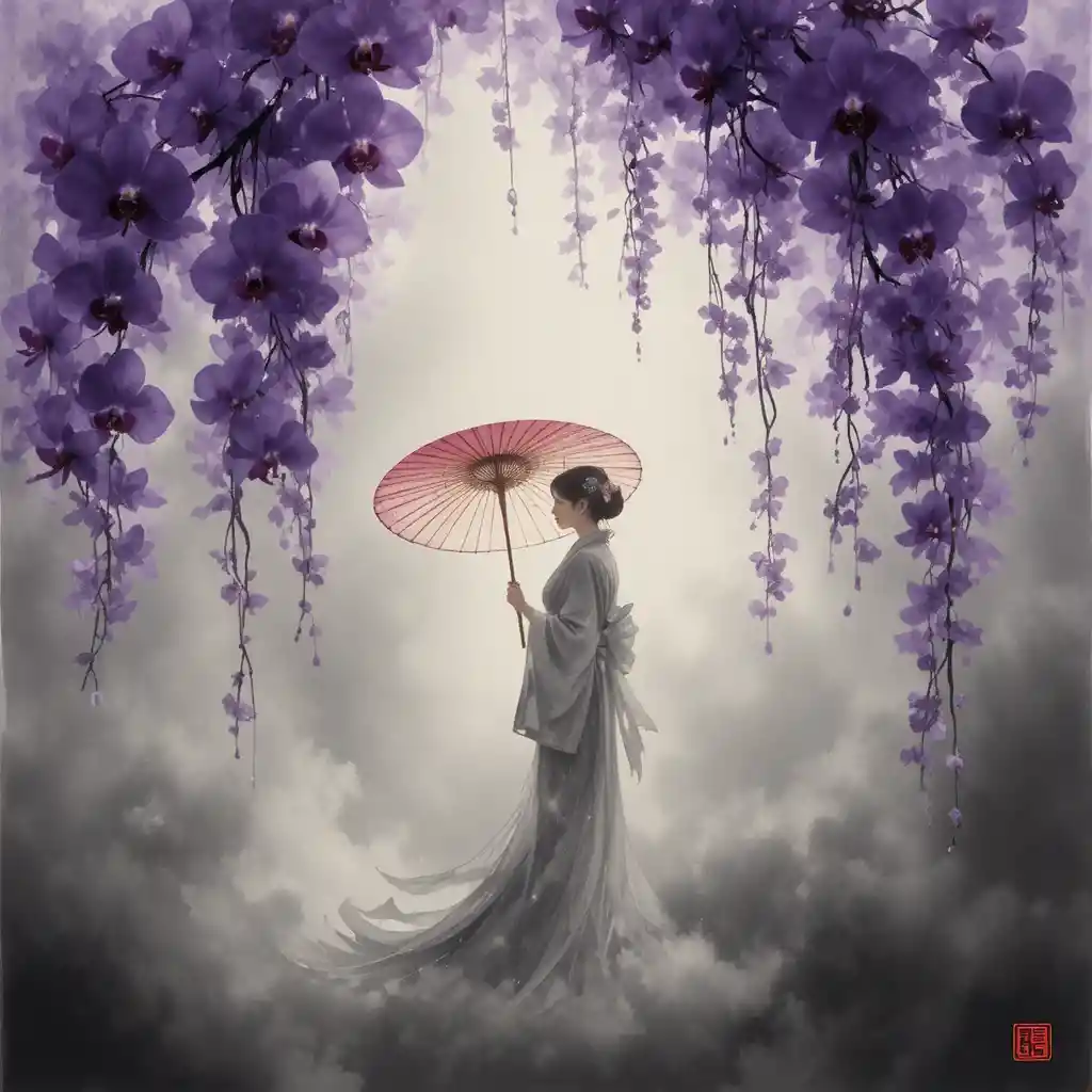Violet orchids before a blurred woman with parasol