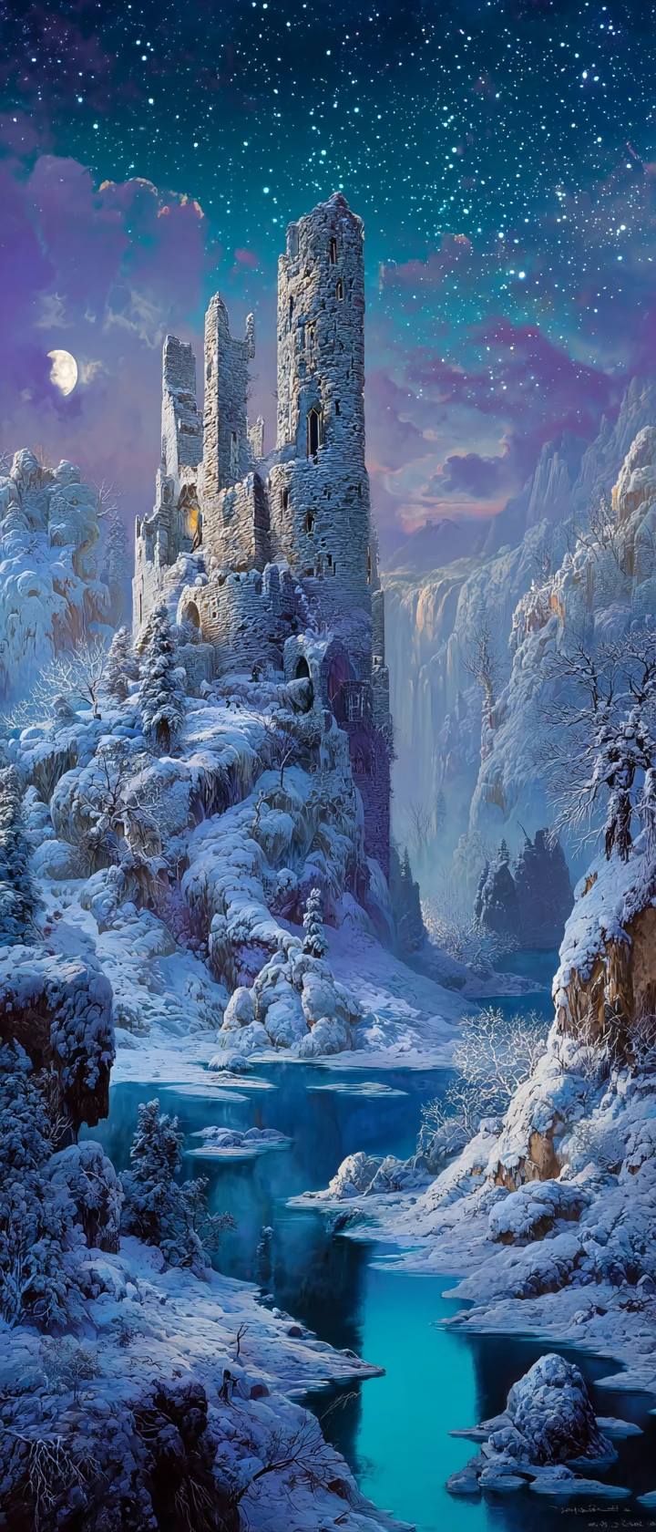 Ruined Moonlit Castle Above A Frozen Fantasy Lake