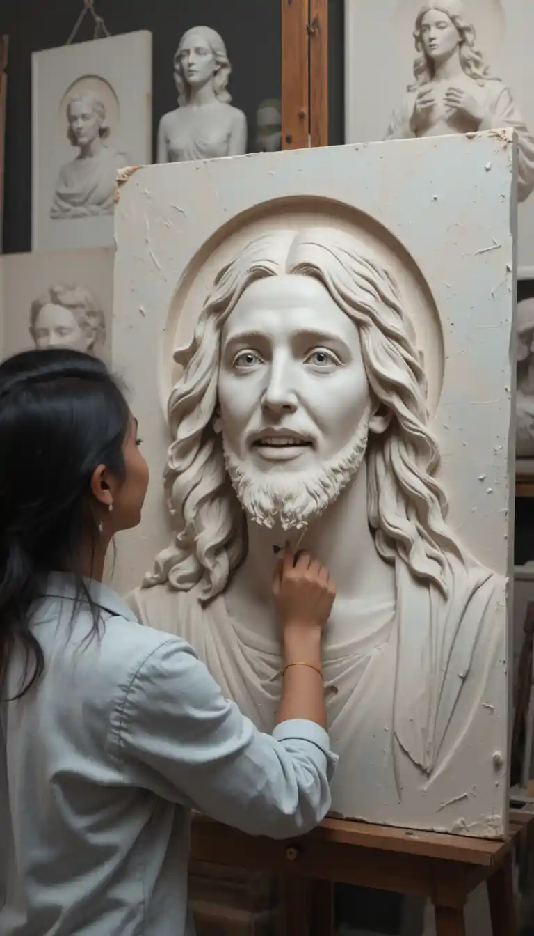 Junge Bildhauerin, die ein Tonrelief des liebenden Jesus schnitzt