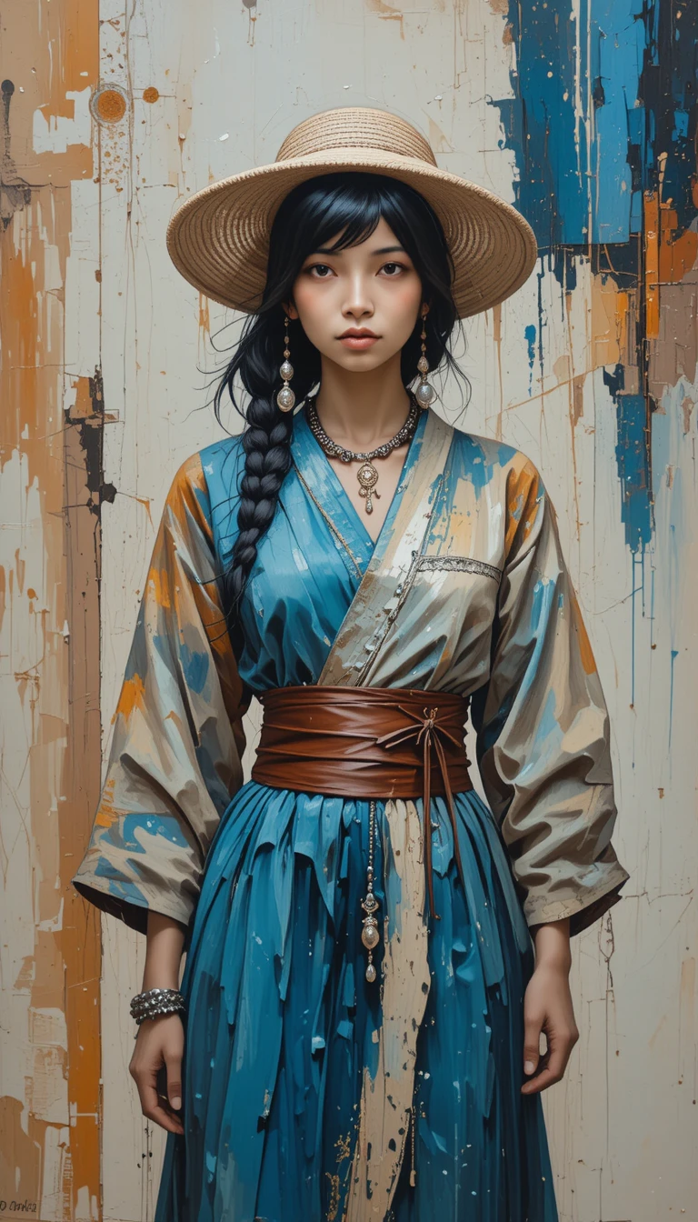 Asian woman in bohemian outfit on abstract painted background