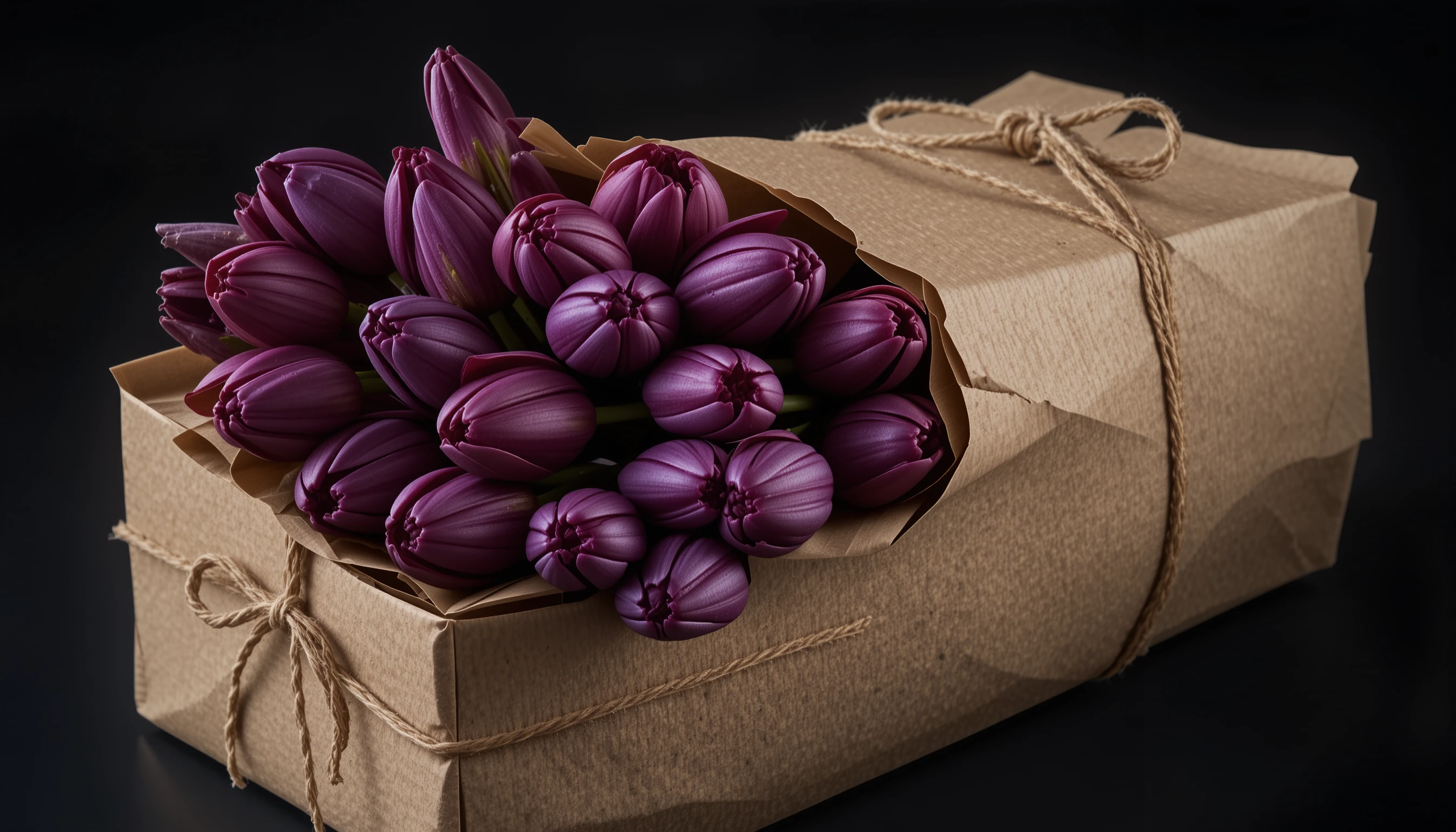 Tulipani viola avvolti in carta kraft su sfondo nero