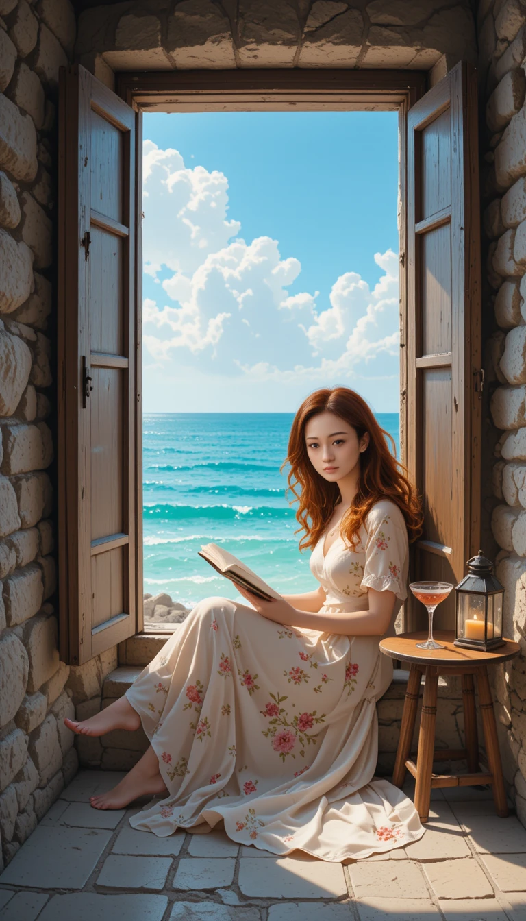 Woman reading by a sunlit window overlooking the sea