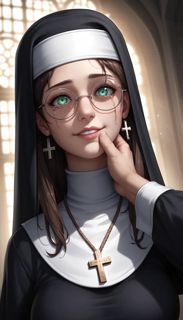 Crying anime nun in a dark deserted school hallway