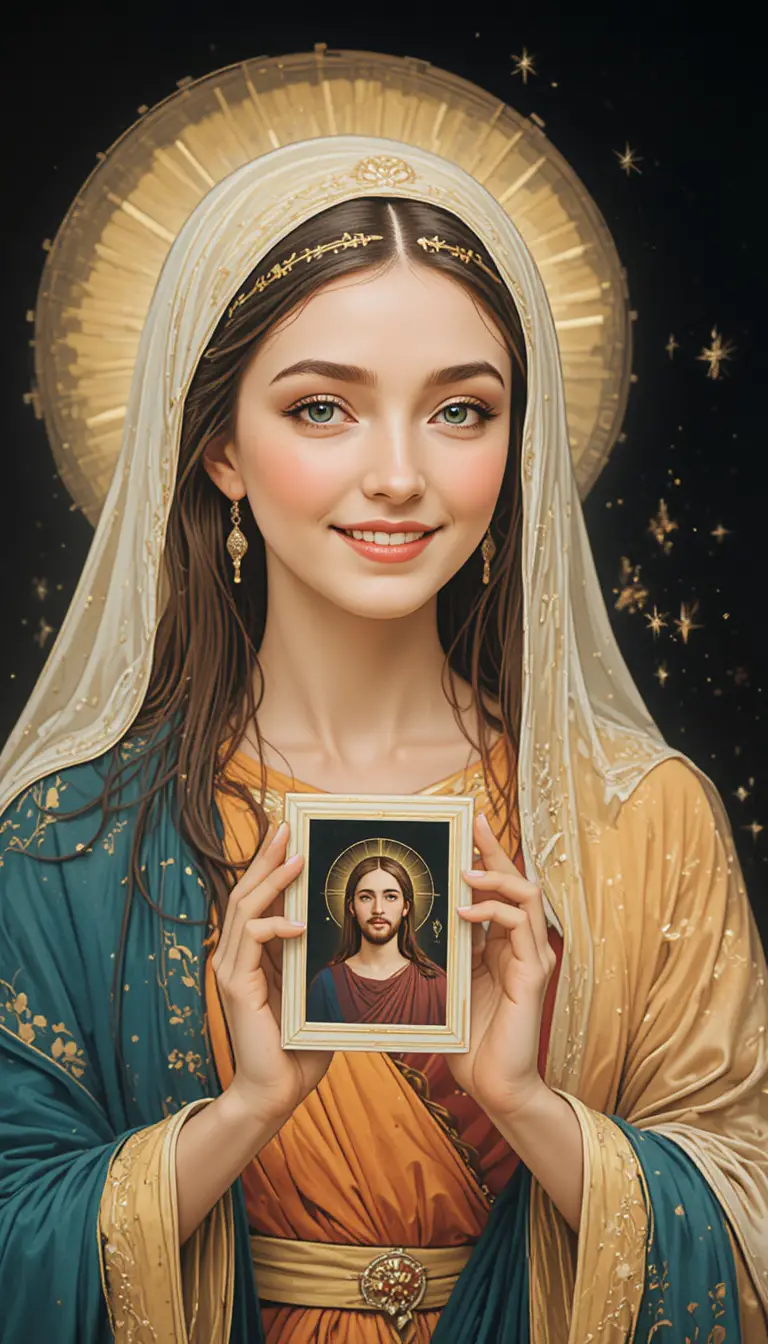 Joyful nun holding a framed image of Jesus Christ