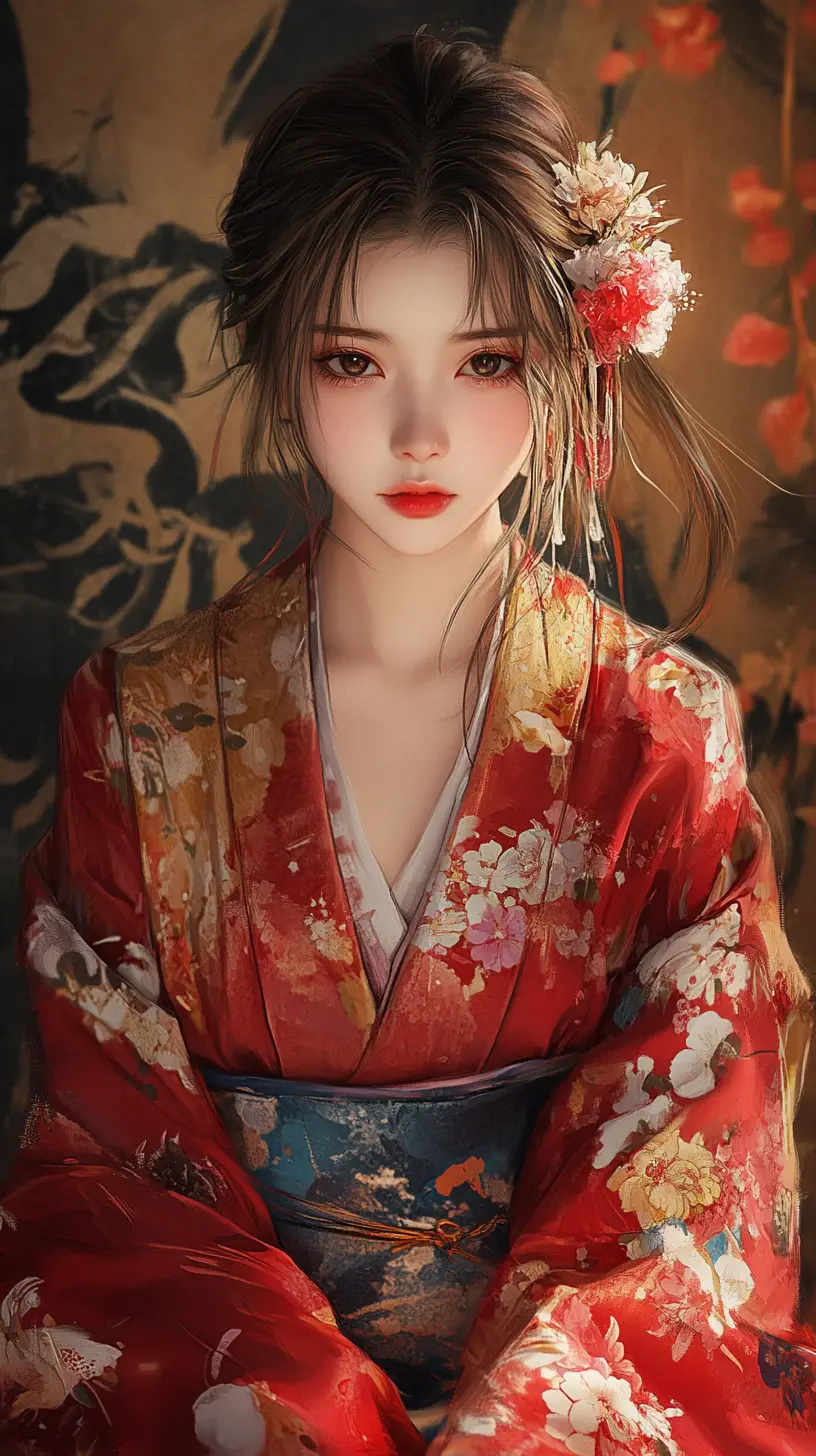 Japanese girl in floral kimono sitting in seiza pose