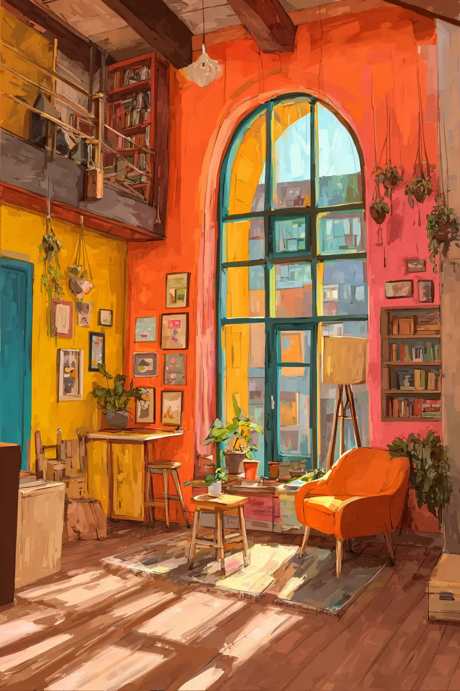 Gemütliches Loft-Interieur im Folk-Art-Stil mit großem hellem Fenster