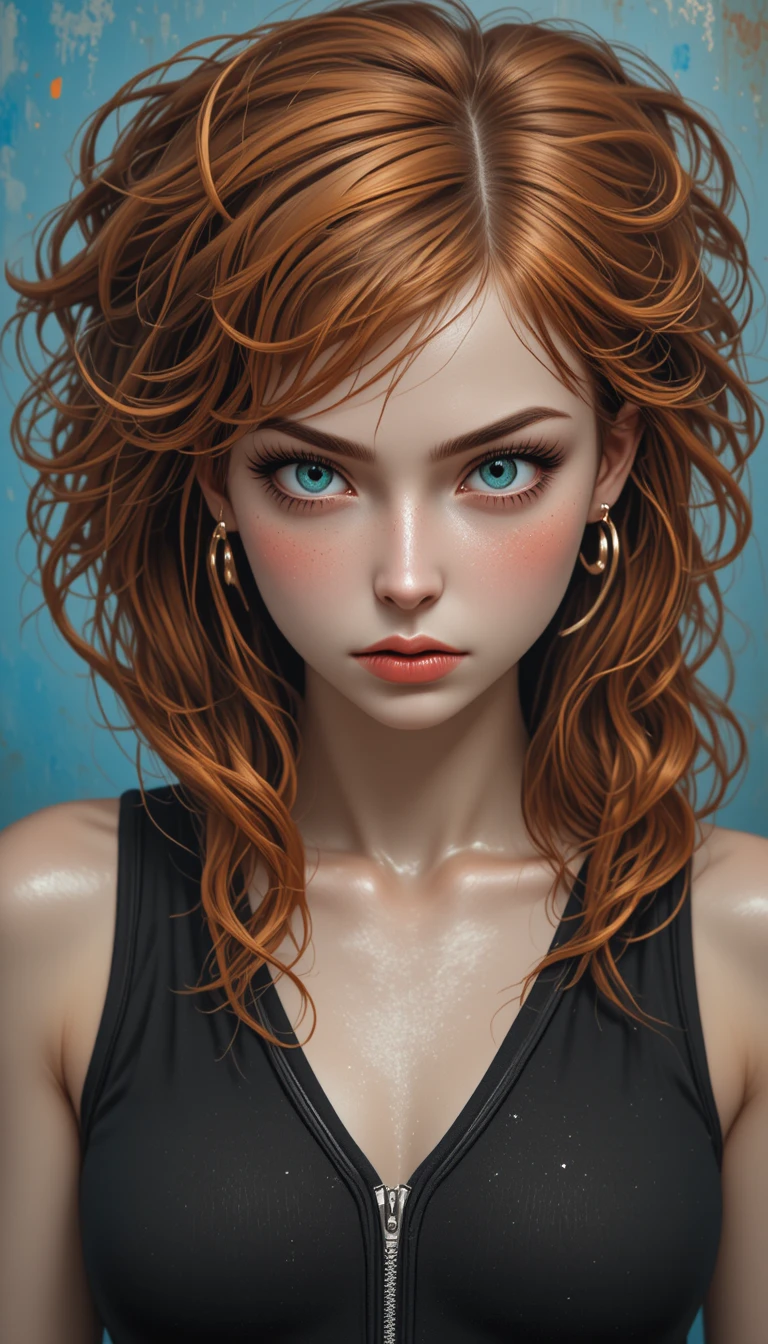 Portrait d’une jeune fille rousse devant un mur bleu texturé