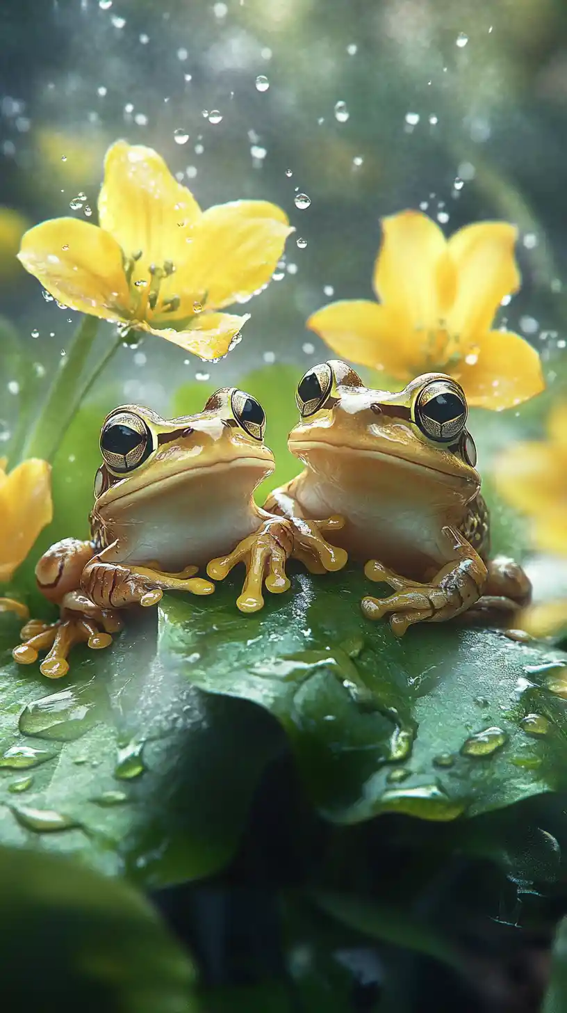 Two fluffy frogs on leaves among rainy yellow bluebells