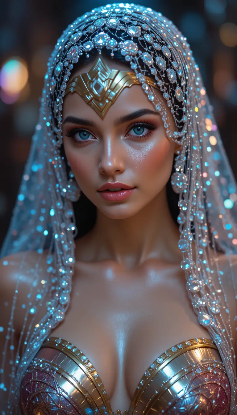 Confident heroine in bikini with jeweled nylon headpiece