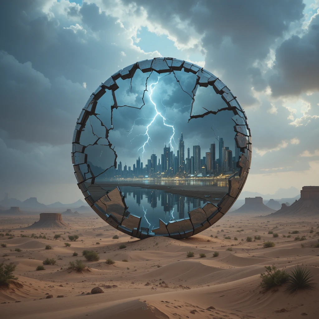 Enorme Espejo Flotante en el Desierto que Refleja una Ciudad Futurista