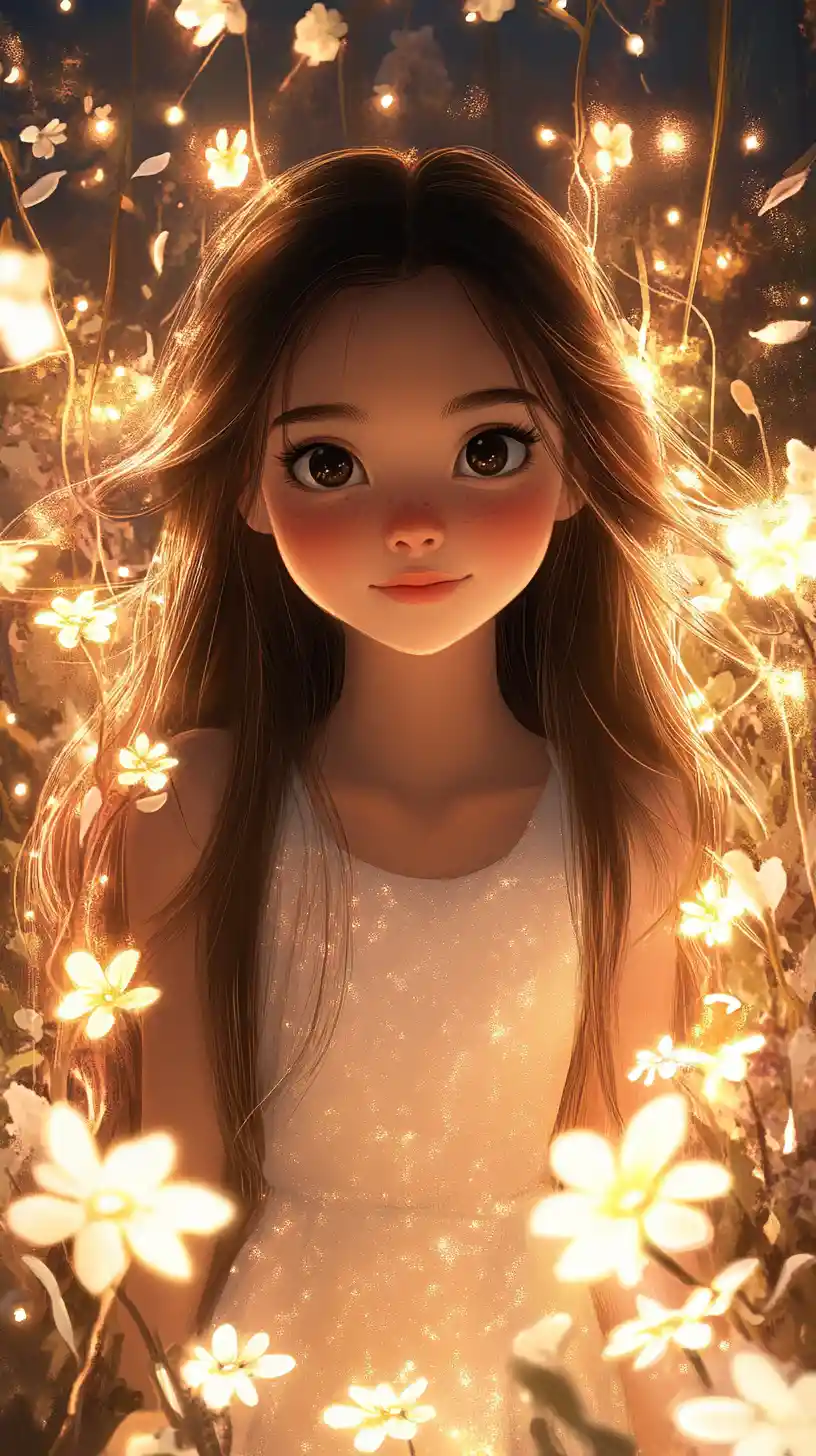 妖精の光がきらめく光る魔法の森の中の少女