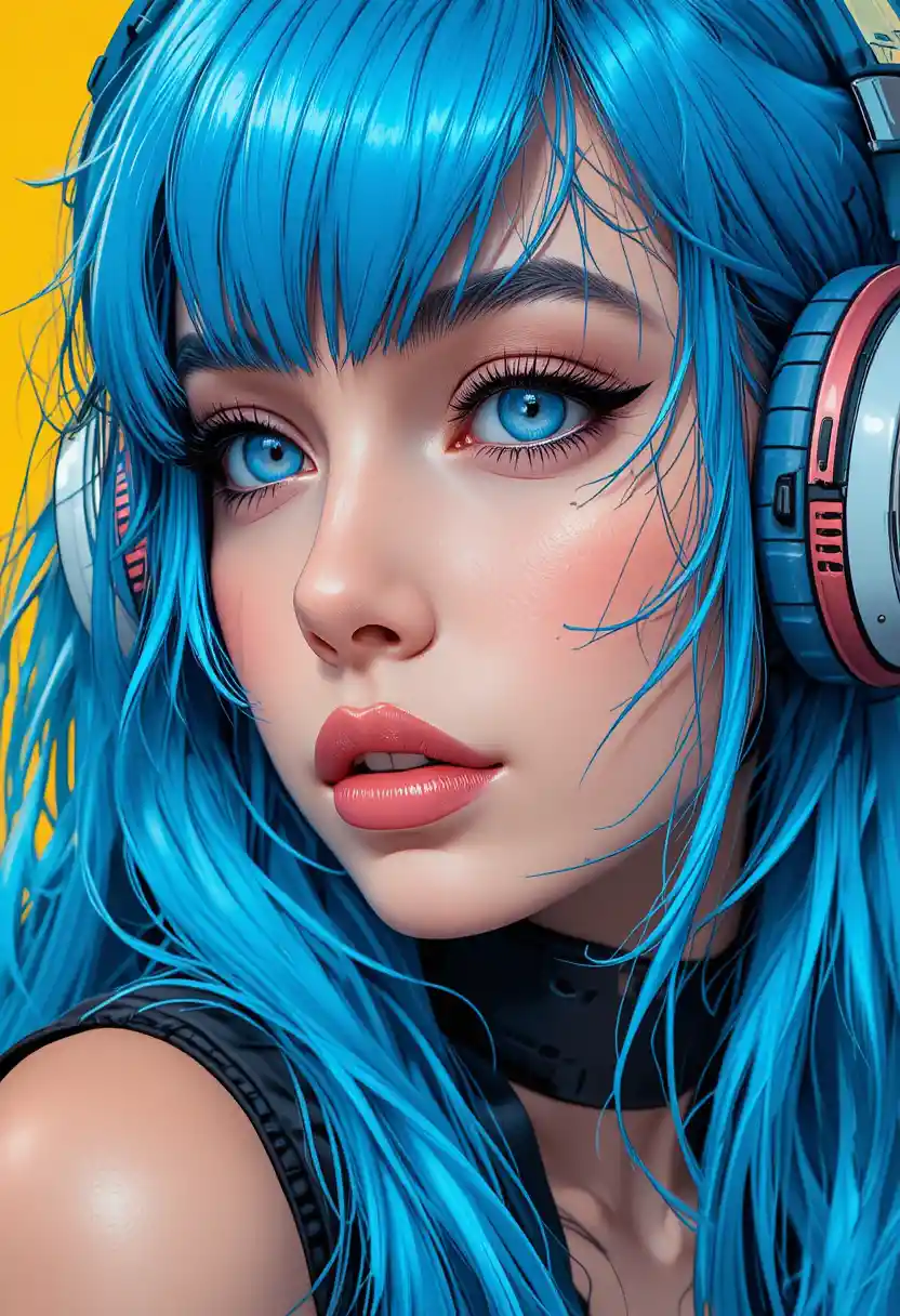 Ragazza dai capelli blu con cuffie retrò in stile cel shading