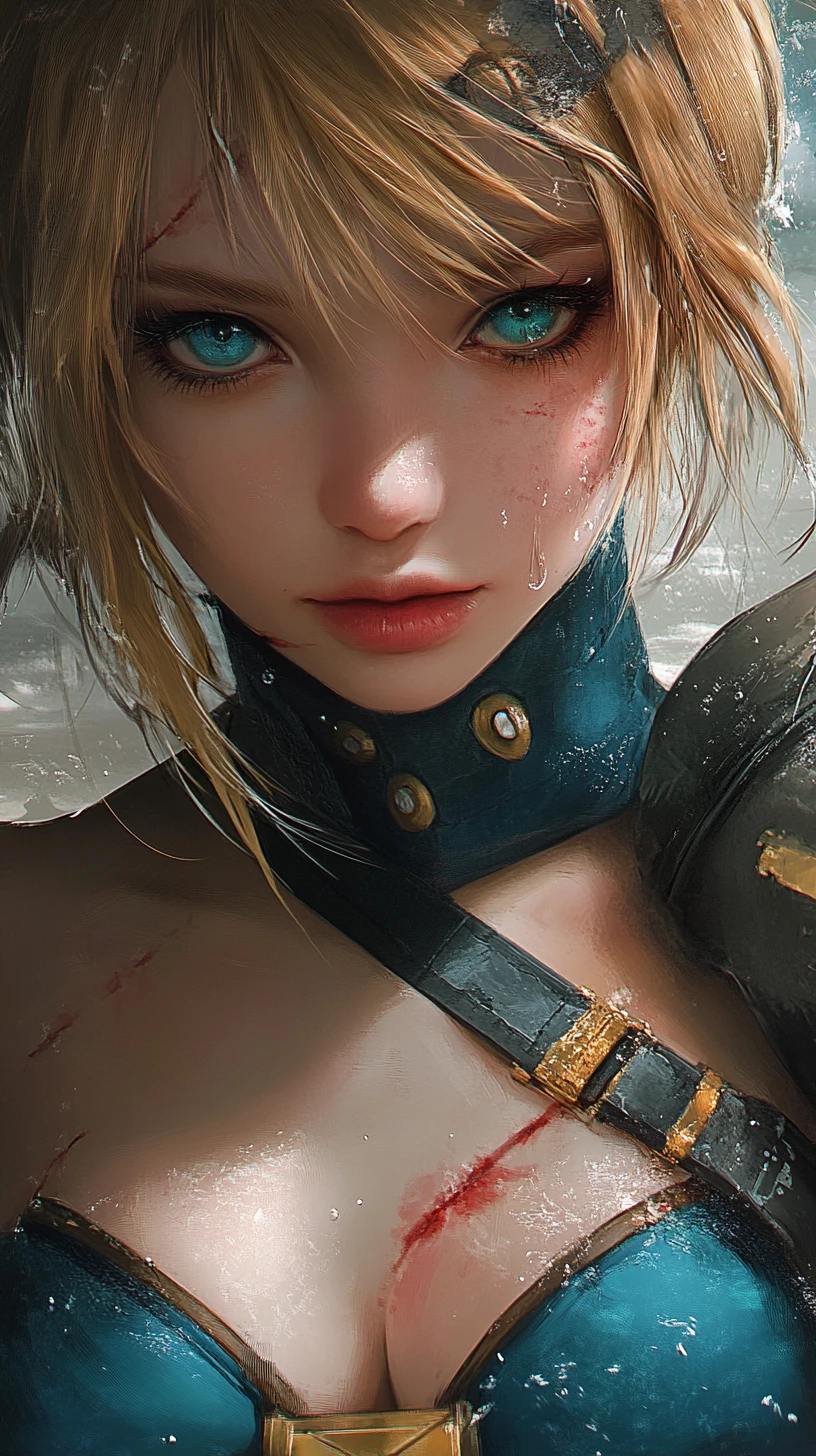 Close up of a scarred anime warrior woman in blue armor